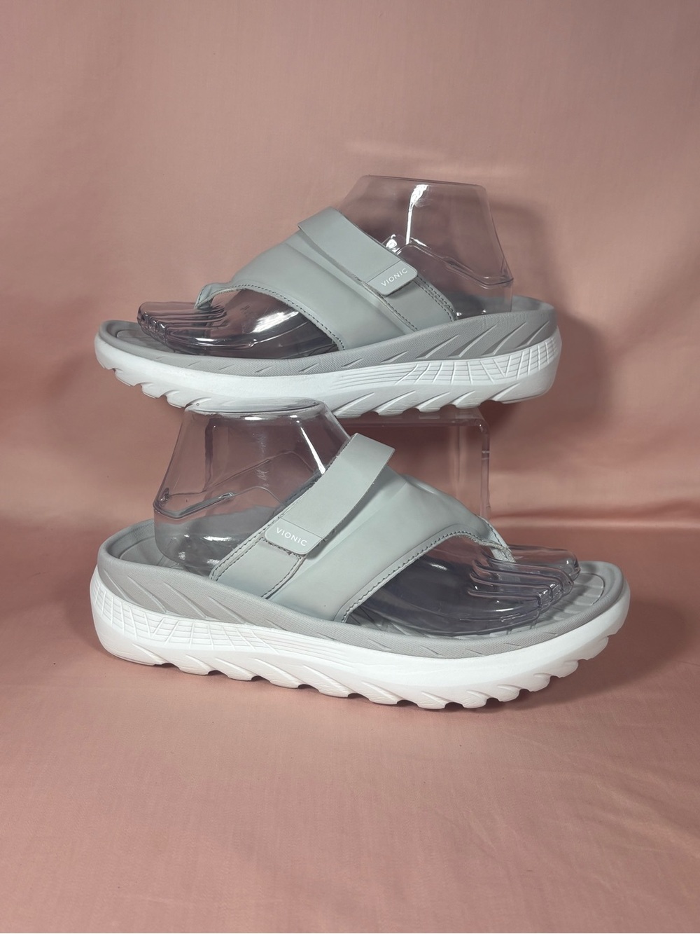 Vionic Women's Light Gray Toe Post Slide Sandals - Cushioned Arch Support Size 9